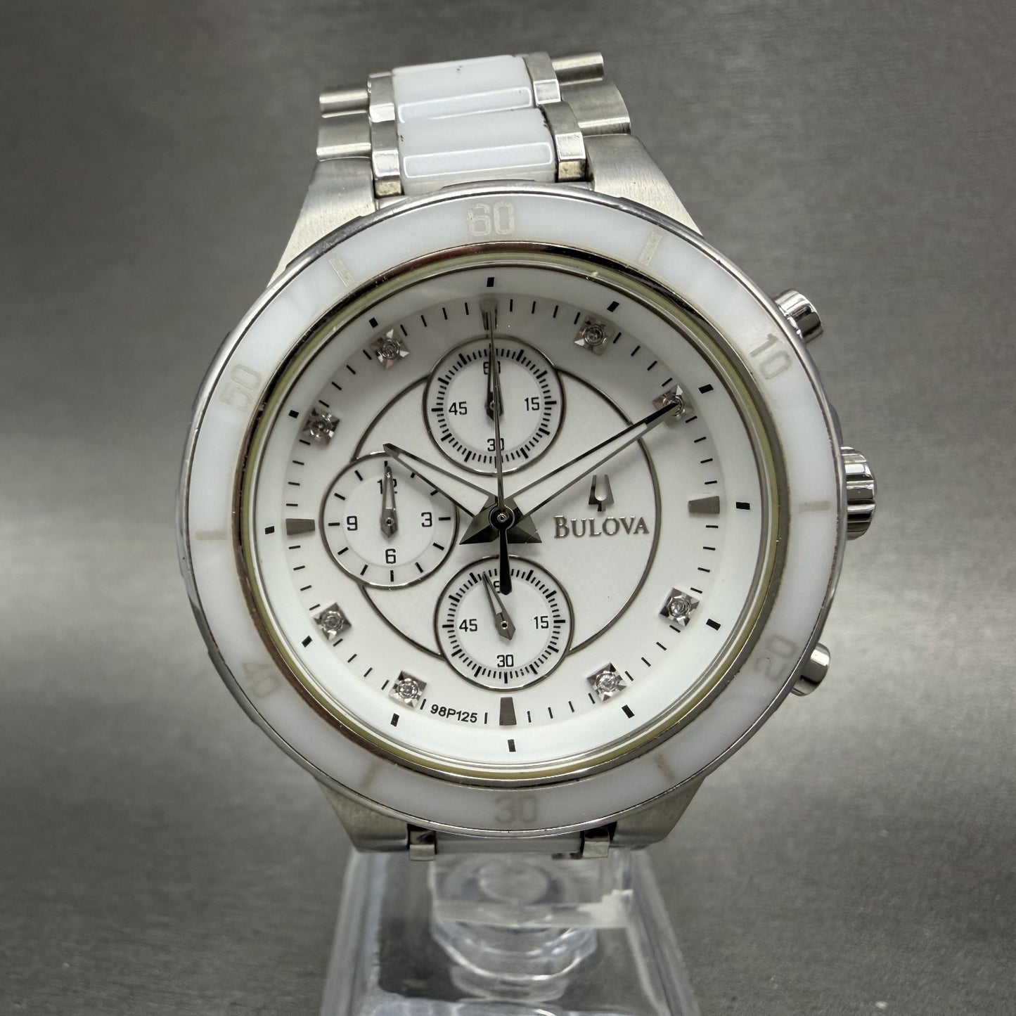 Bulova Chronograph Watch Women 40mm White Dial Silver Tone 98P125 New Battery0