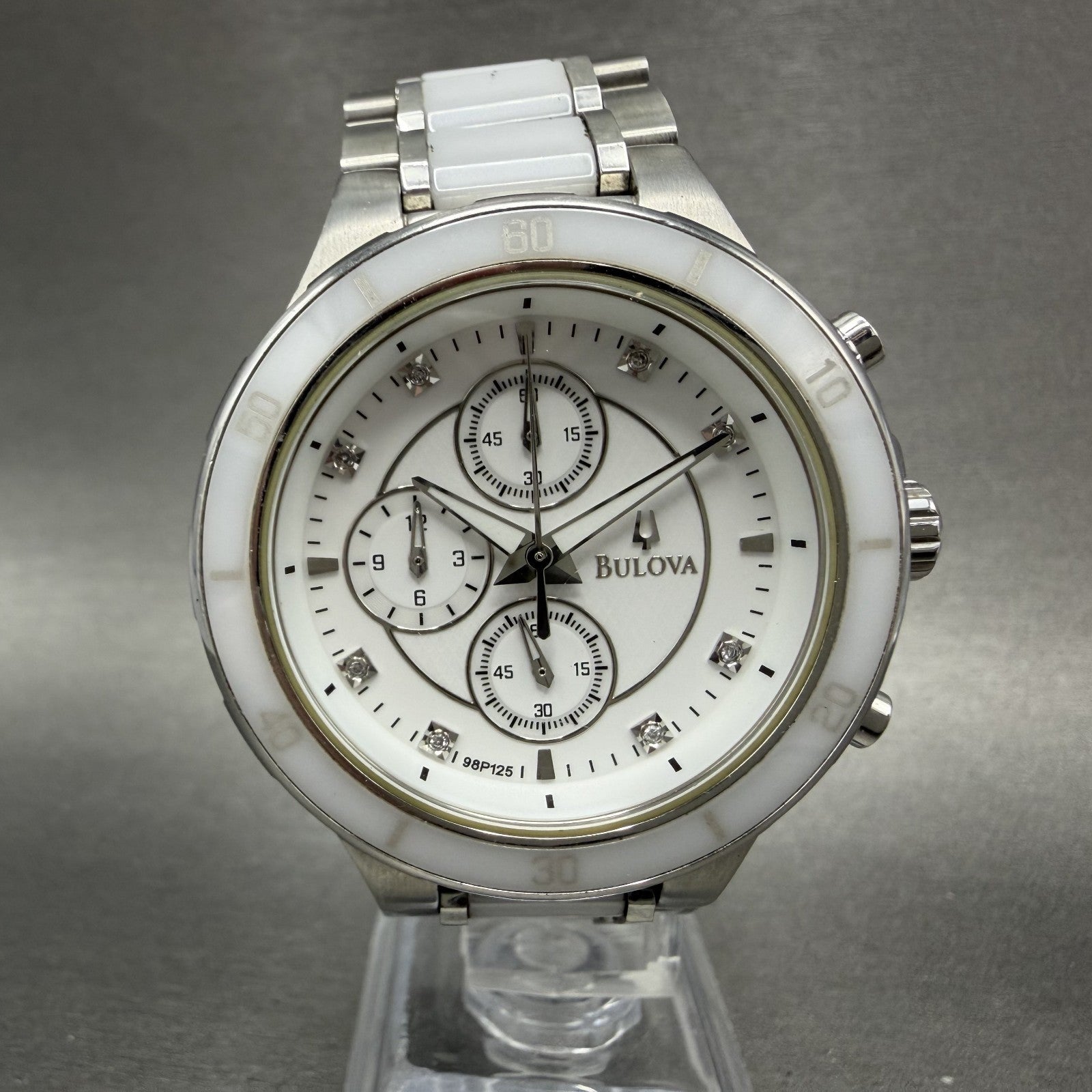 Bulova Chronograph Watch Women 40mm White Dial Silver Tone 98P125 New Battery0