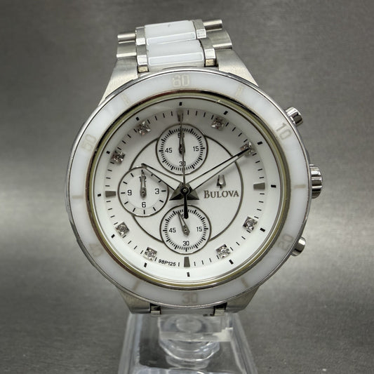 Bulova Chronograph Watch Women 40mm White Dial Silver Tone 98P125 New Battery0