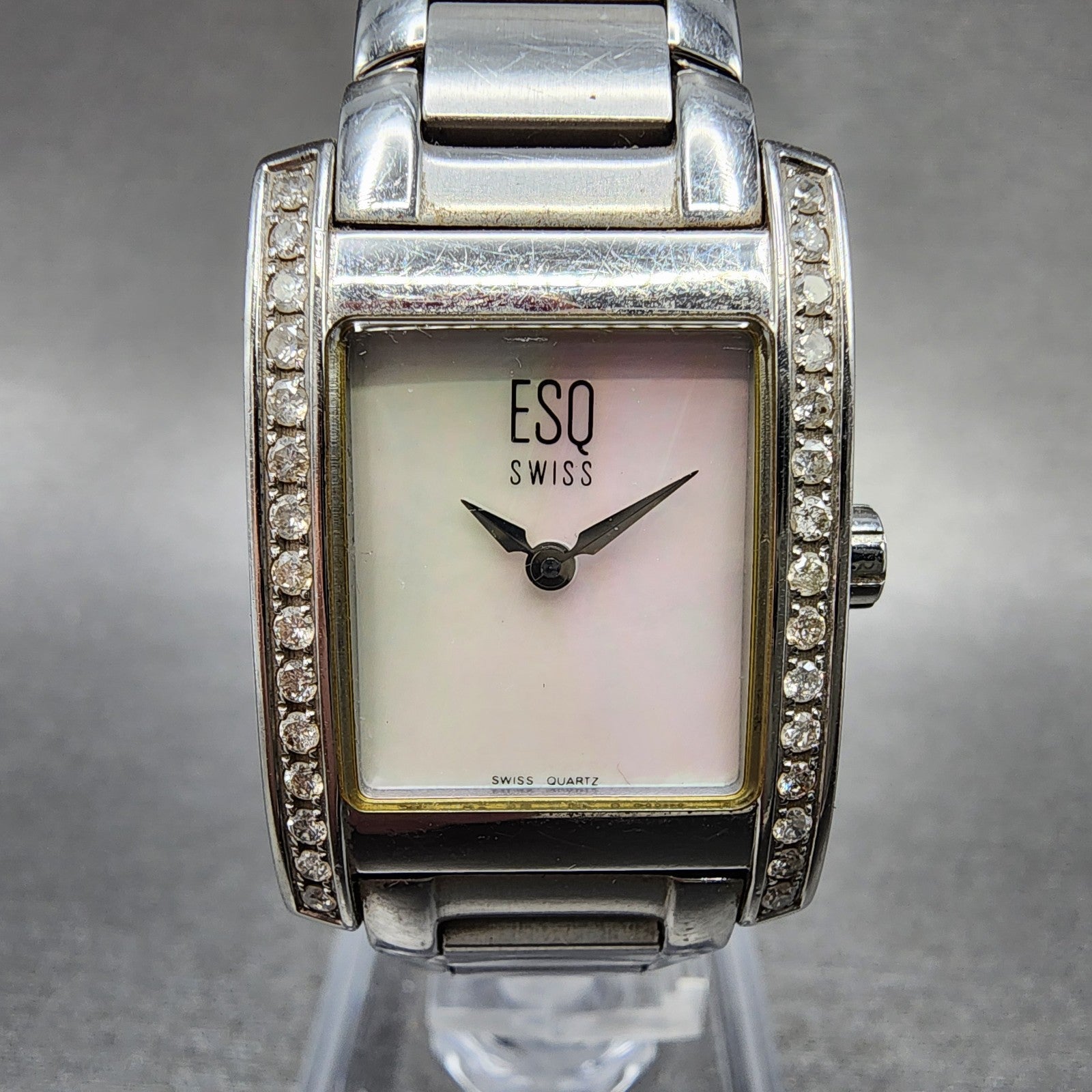 ESQ Tank Watch Women 21mm MOP Dial Silver Tone Diamond Bezel E5093 New Battery0
