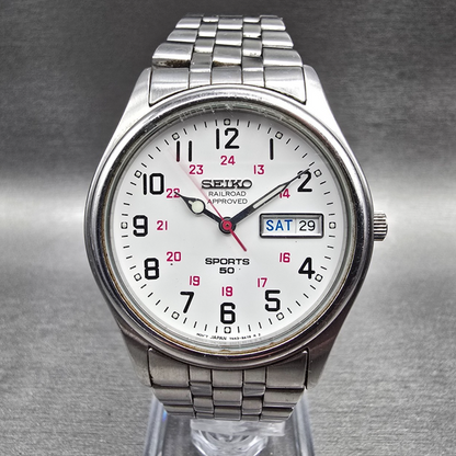 Seiko Railroad Approved Watch Men 37mm White Dial Silver Daydate 7N43-9A00 Runs0
