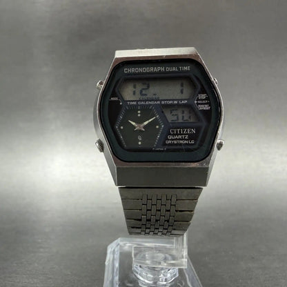 Citizen Analog Digital Watch Men 35mm Black Dial Silver Tone Dual Time New Batt5