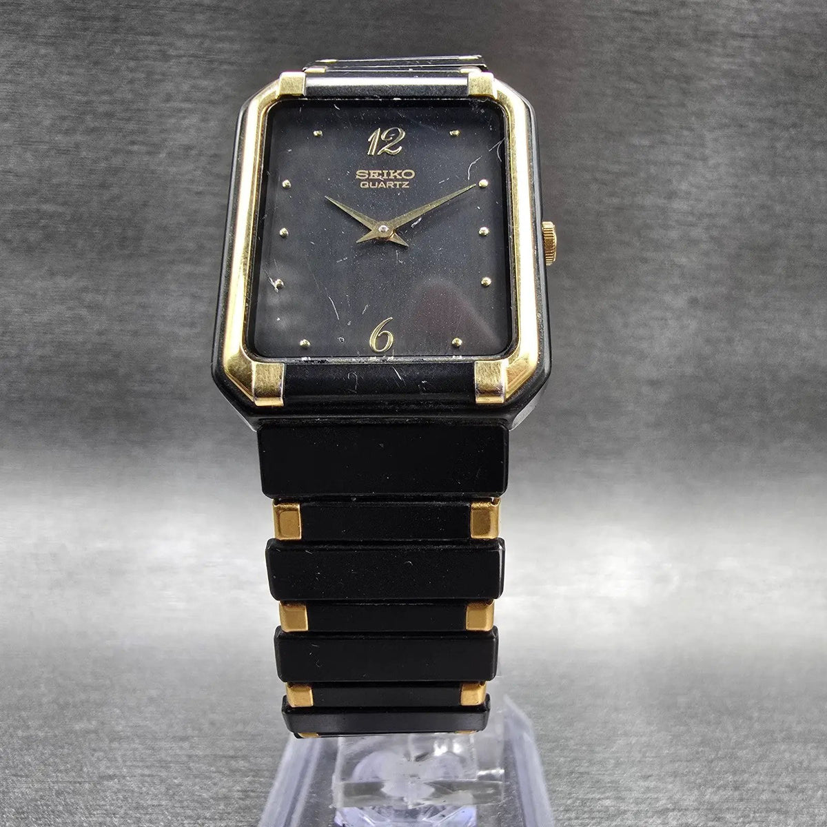 Seiko Watch Men 24mm Black Dial Two Tone Rectangle 7430-5980 New Battery Vintage5