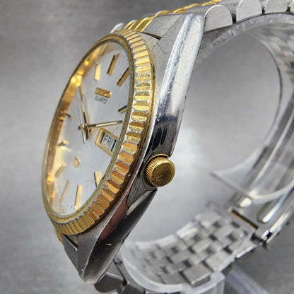 Seiko SQ President Watch Men 37mm Silver Dial Two Tone Daydate 5y23-8a69 New Bat