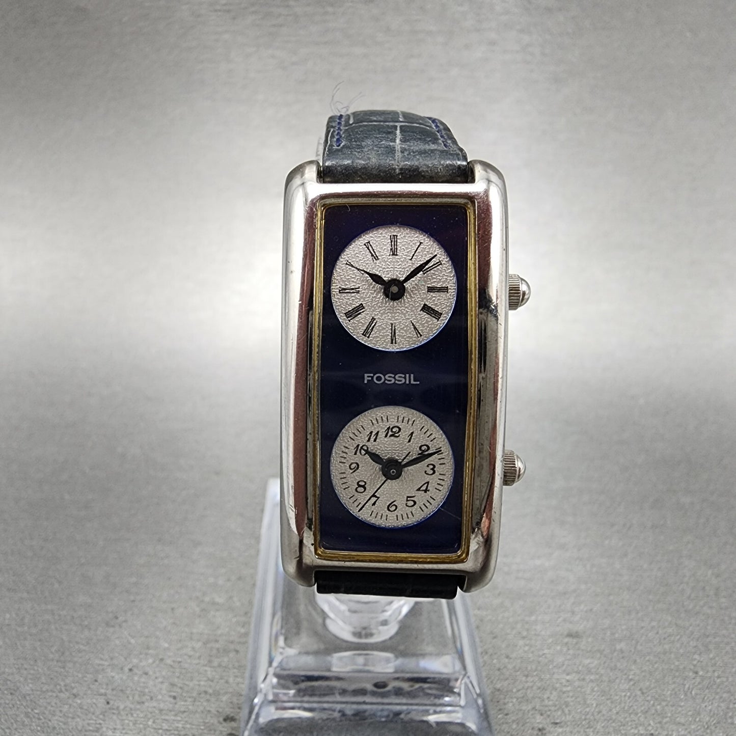 Fossil Dual Time Watch Women 21mm Blue Dial Steel Rectangle READ!!!! DR21050
