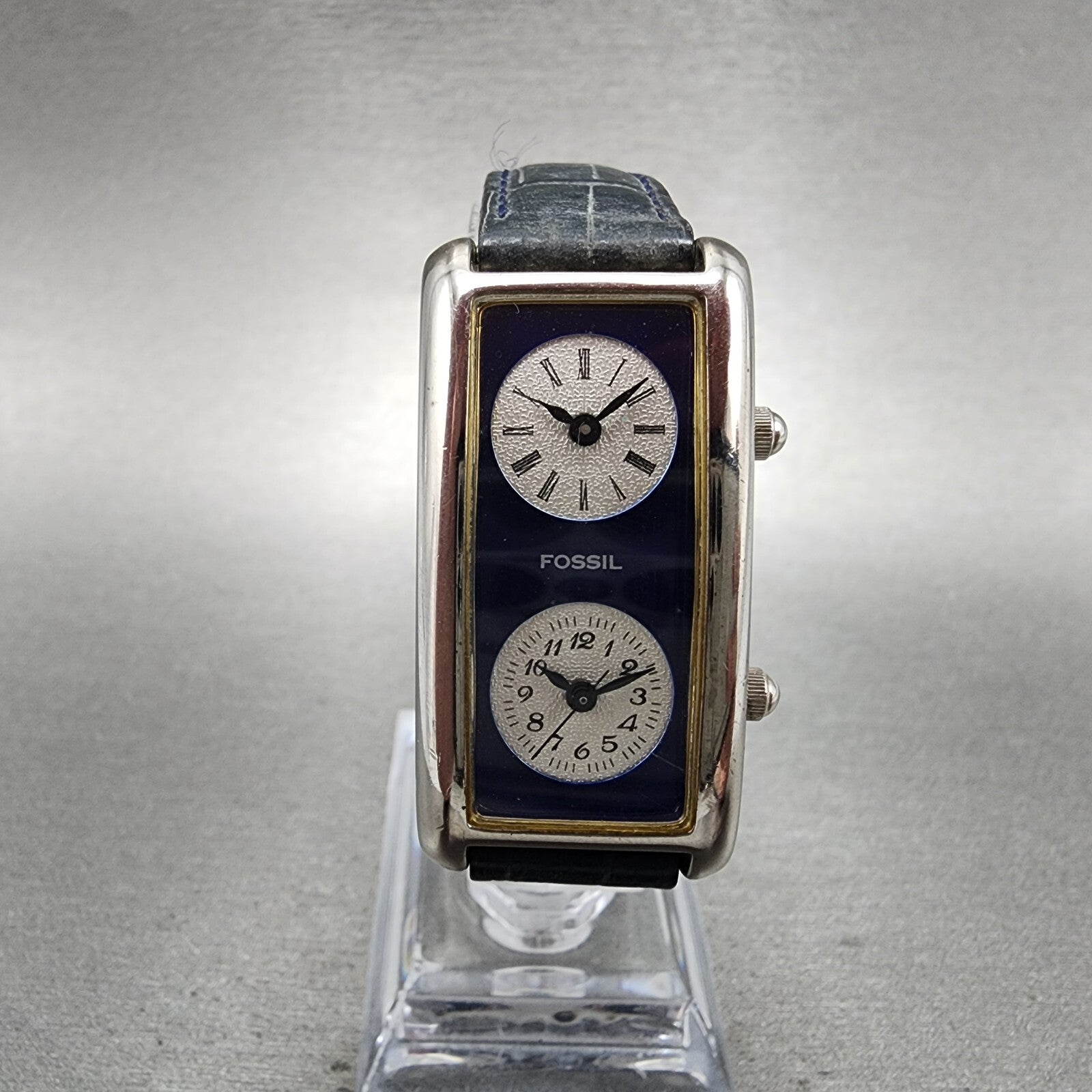 Fossil Dual Time Watch Women 21mm Blue Dial Steel Rectangle READ!!!! DR21050