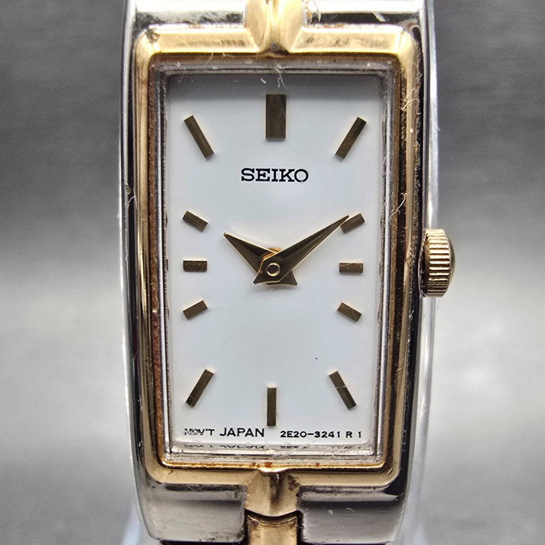 Seiko Tank Watch Women 13mm White Dial Two Tone Rectangle 2E20-0AY0 New Batt Fr1