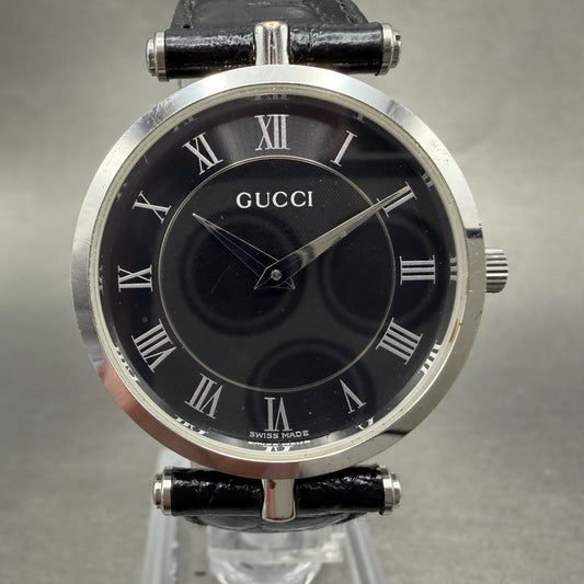 Gucci 2040M Watch Men 30mm Black Dial Silver Tone Leather Round New Battery0