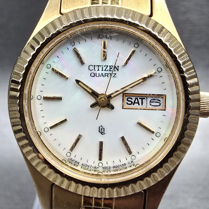 Citizen CQ Watch Women 25mm MOP Dial Gold Tone Daydate 1002-R15101 New Battery 81