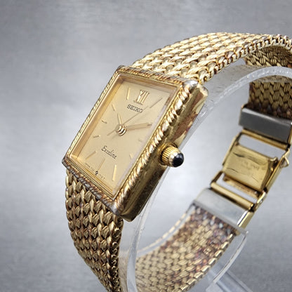 Seiko Exceline Watch Women 18mm Gold Dial Gold Tone Tank Rectangle New BatteryA12