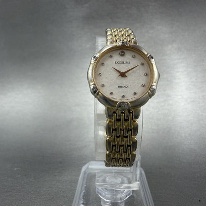 Seiko Exceline Watch Women 21mm White Dial Gold Tone Round 4N20-0640 New Batt5