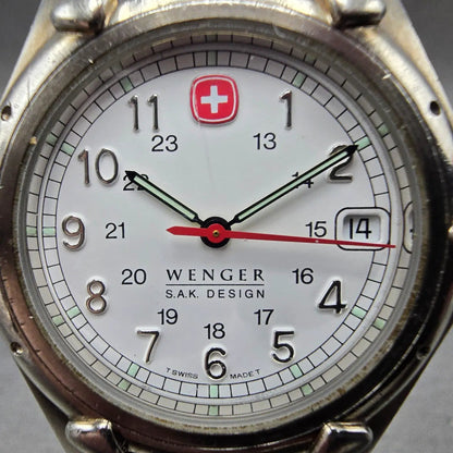 Wenger SAK Designs Watch Men 36mm White Dial Silver Tone Date Round PARTS VTG2