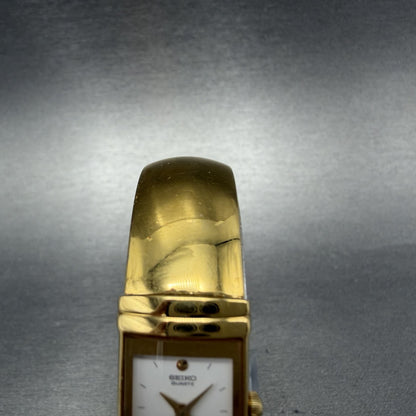 Seiko Watch Women 15mm White Dial Gold Tone Rectangle 1F20-5K19 New Battery YYTF4