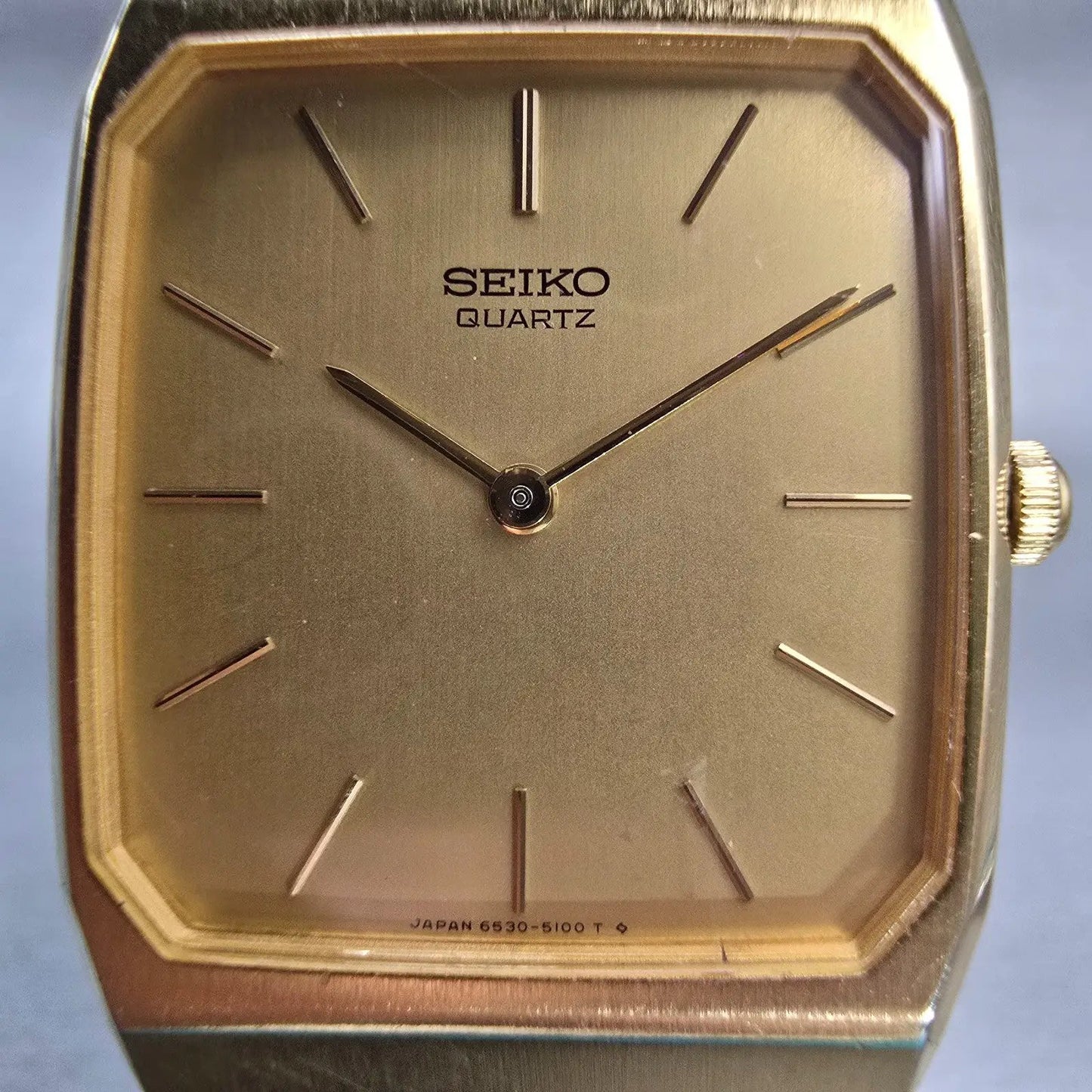 Seiko Watch Men 26mm Gold Dial Gold Tone Rectangle 6530-5080 New Battery Vintage1