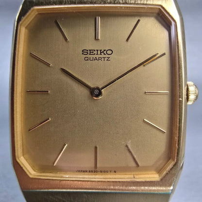 Seiko Watch Men 26mm Gold Dial Gold Tone Rectangle 6530-5080 New Battery Vintage1