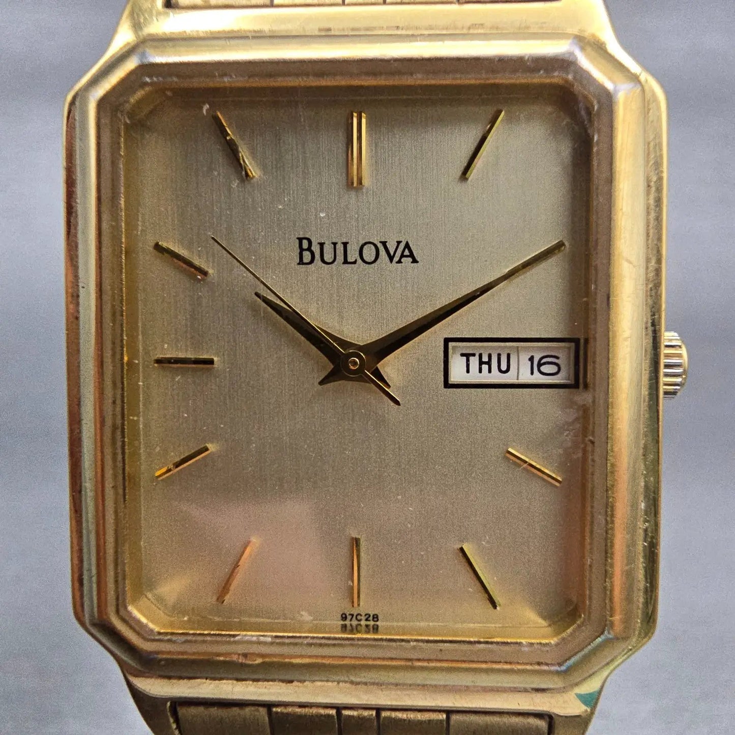 Bulova Watch Men 29mm Champagne Dial Gold Tone Daydate Rectangle 97C28 New Batt1