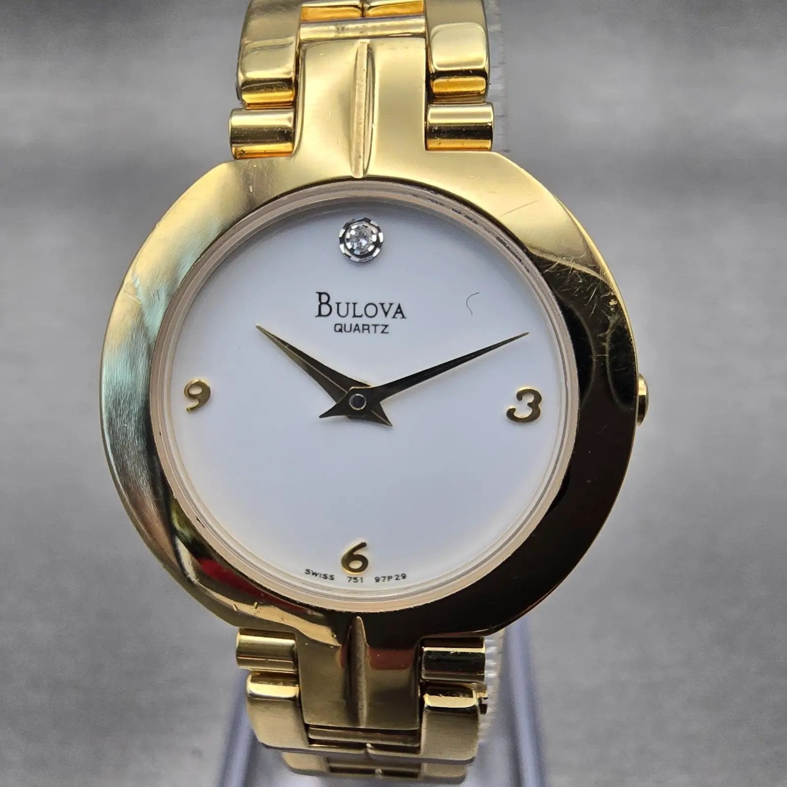 Bulova Watch Women 25mm White Dial Gold Tone Diamond Round 97P29 New Battery1