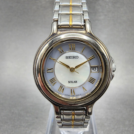 Seiko Solar Watch Women 28mm MOP Dial Two Tone Date Round V1820C70 Runs0