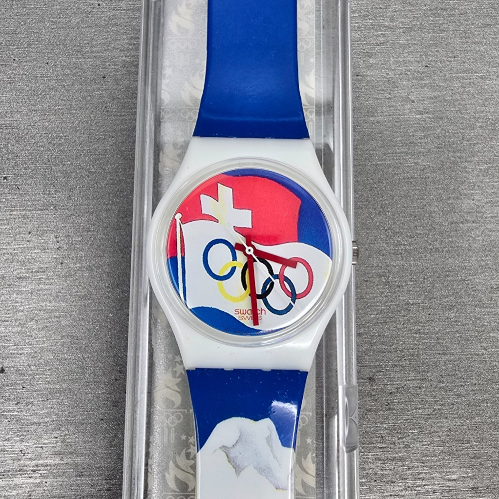 Swatch St. Moritz 1928 Watch Men 34mm Blue Dial White Case GZ134 New Battery NOS0