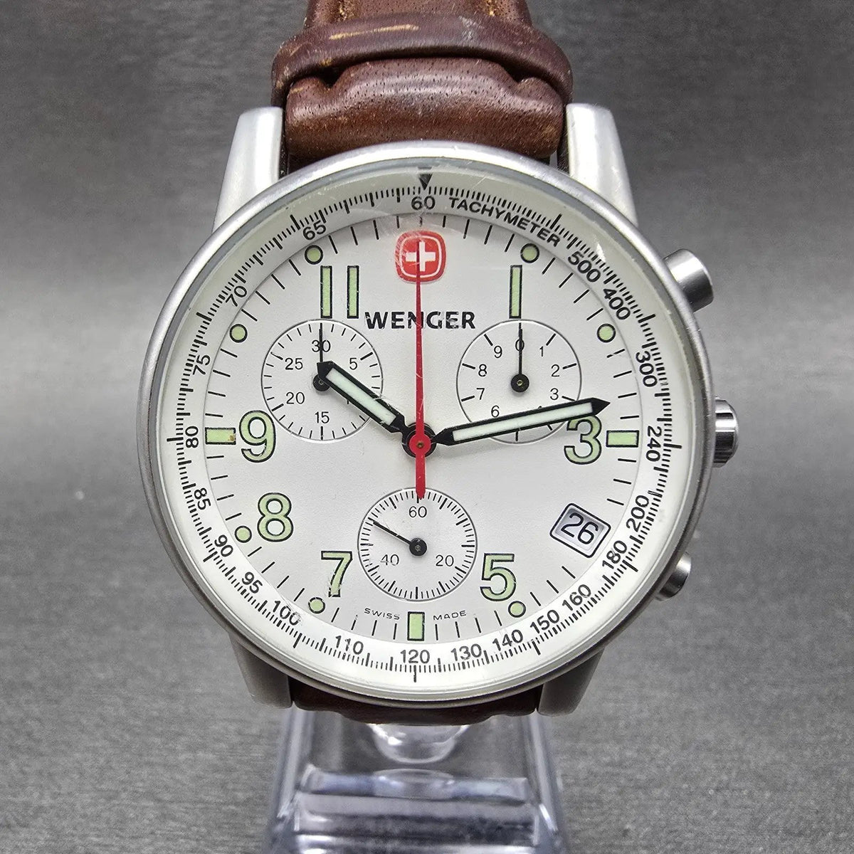 Wenger Swiss Military Chronograph Watch Men 39mm White Dial Steel New Battery0