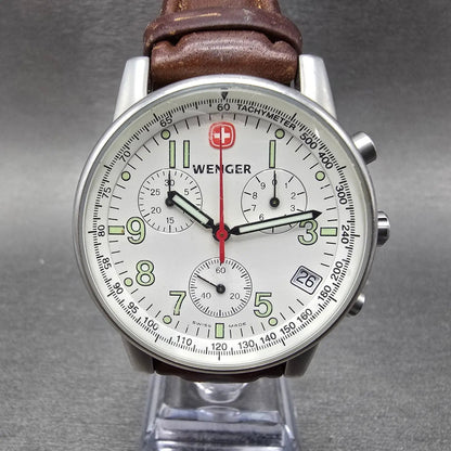 Wenger Swiss Military Chronograph Watch Men 39mm White Dial Steel New Battery0