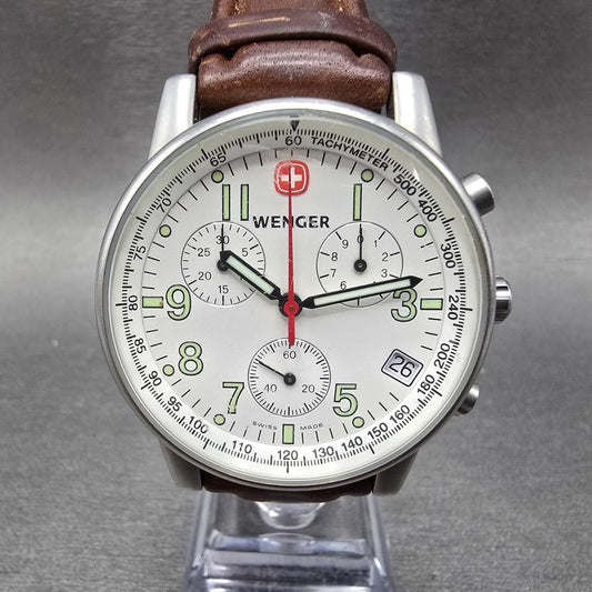 Wenger Swiss Military Chronograph Watch Men 39mm White Dial Steel New Battery0