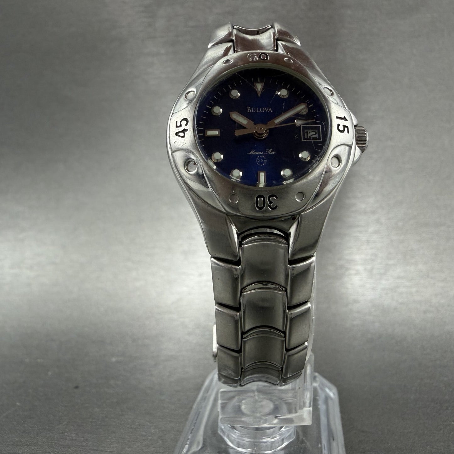Bulova Marine Star Watch Women 27mm Blue Dial Silver Tone Date Round New Battery5