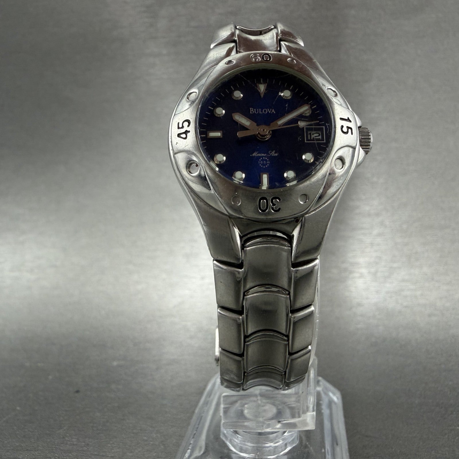 Bulova Marine Star Watch Women 27mm Blue Dial Silver Tone Date Round New Battery5