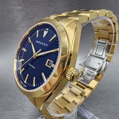 Movado Heritage Datron Watch Men 39mm Blue Dial Gold Tone Date Round 36501432