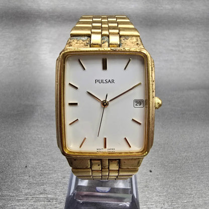 Seiko Pulsar Watch Men 27mm White Dial Gold Tone Date V732-X154 New Battery VTG0