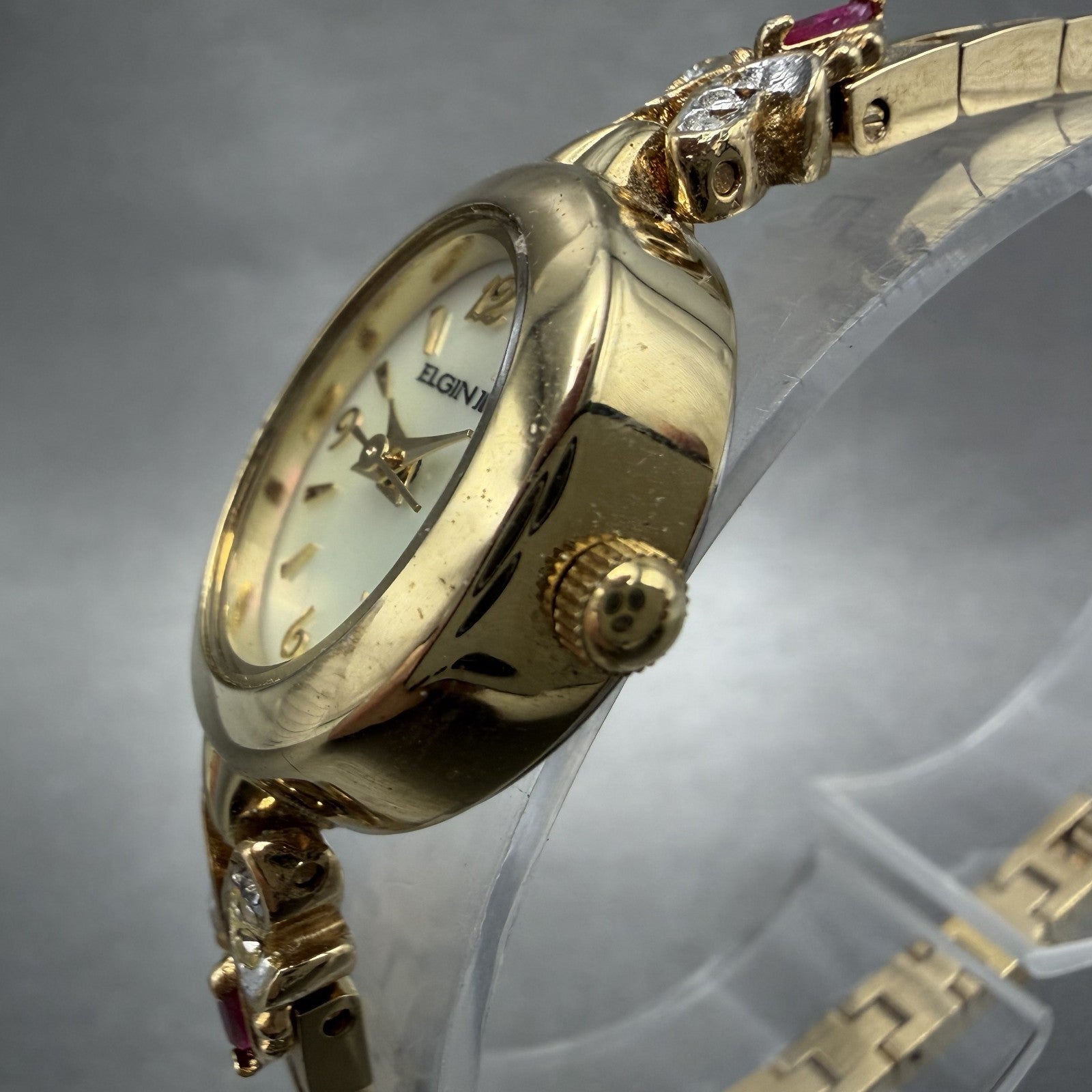 Elgin Watch Women 18mm MOP Dial Gold Tone Oval Ruby Diamond Bezel New Battery2