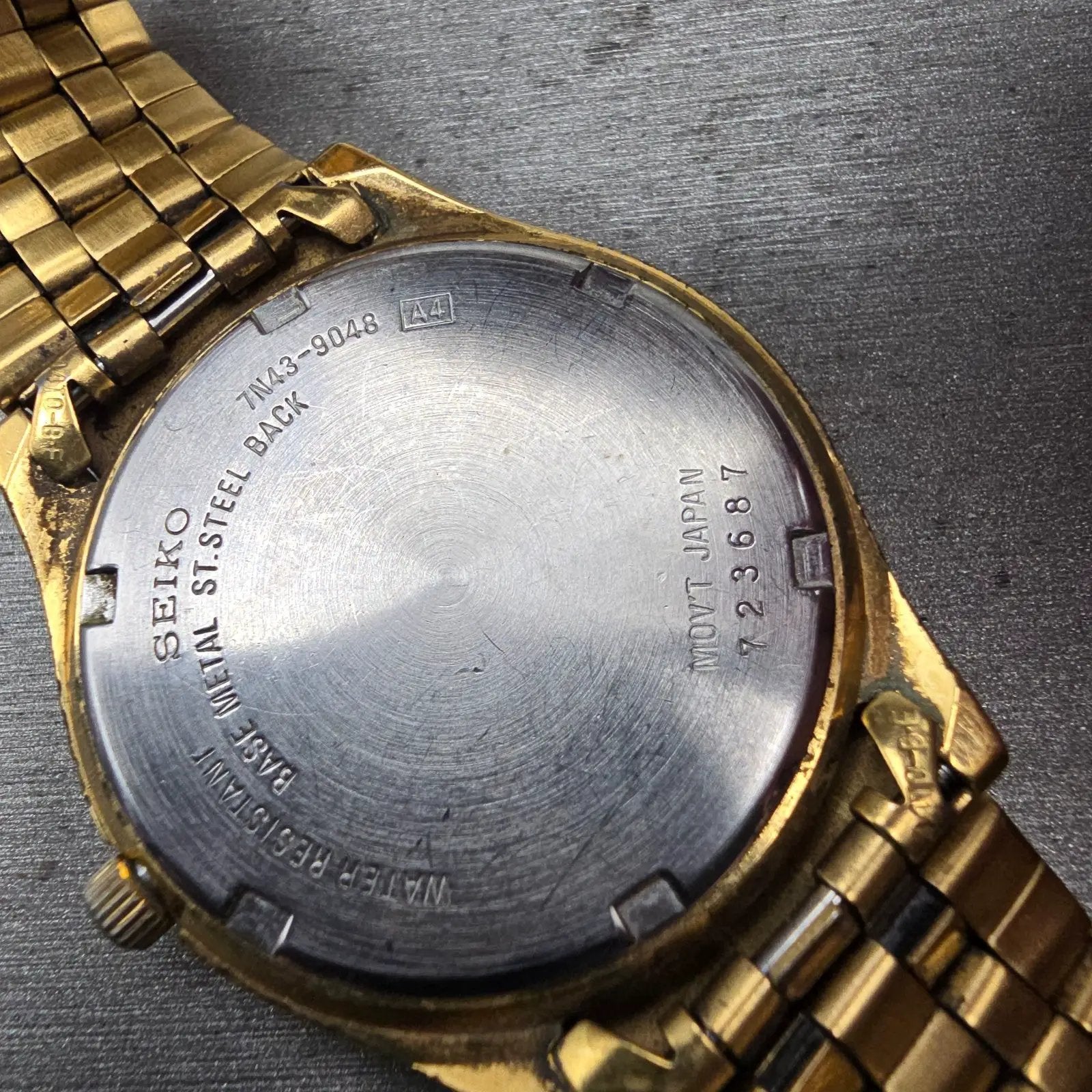 Seiko Watch Men 36mm Gold Dial Gold Tone Daydate Round 7N43-9048 New Battery VTG10