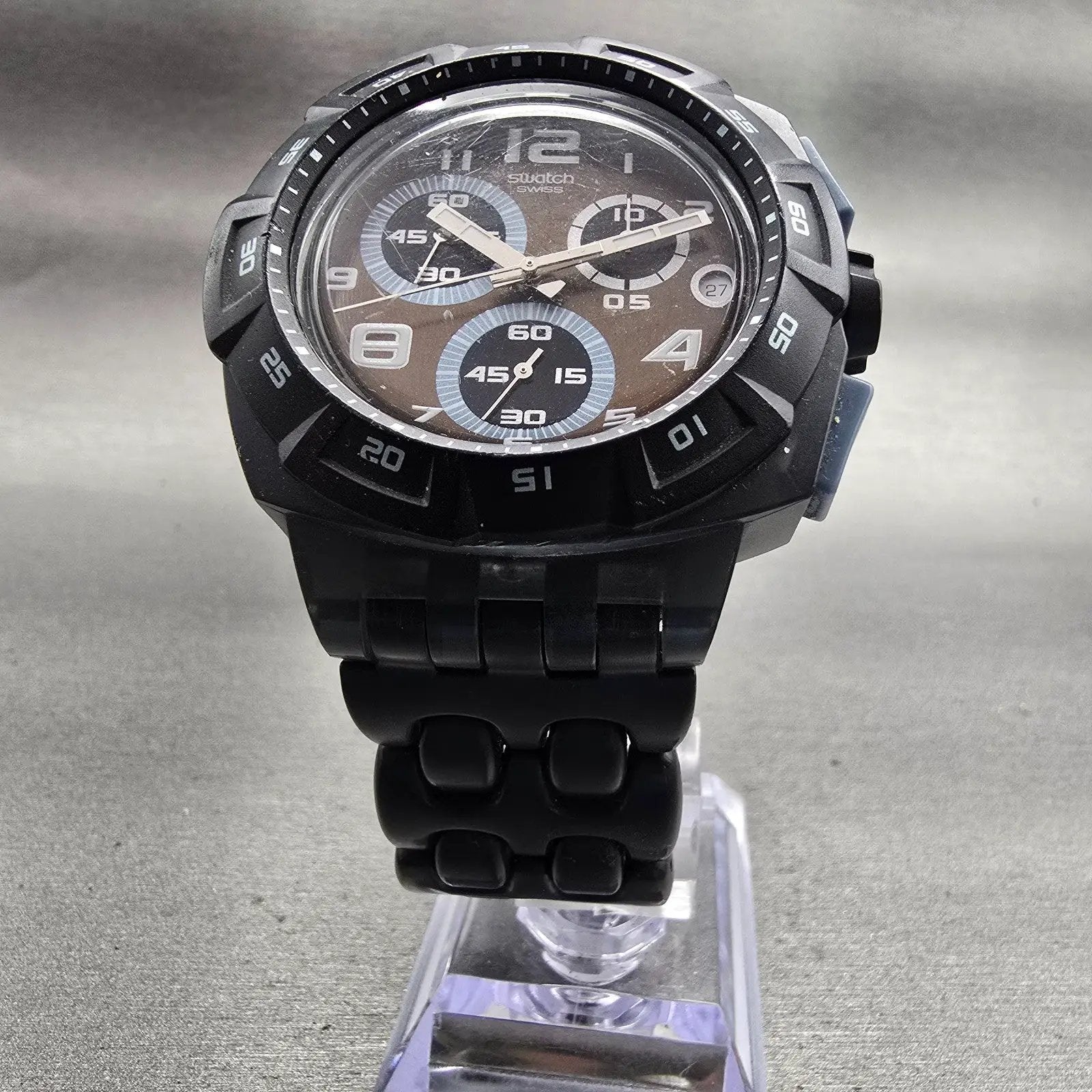 Swatch Follow The Track Chrono Watch Men Black Dial Black Date SUIM401 New Batt5