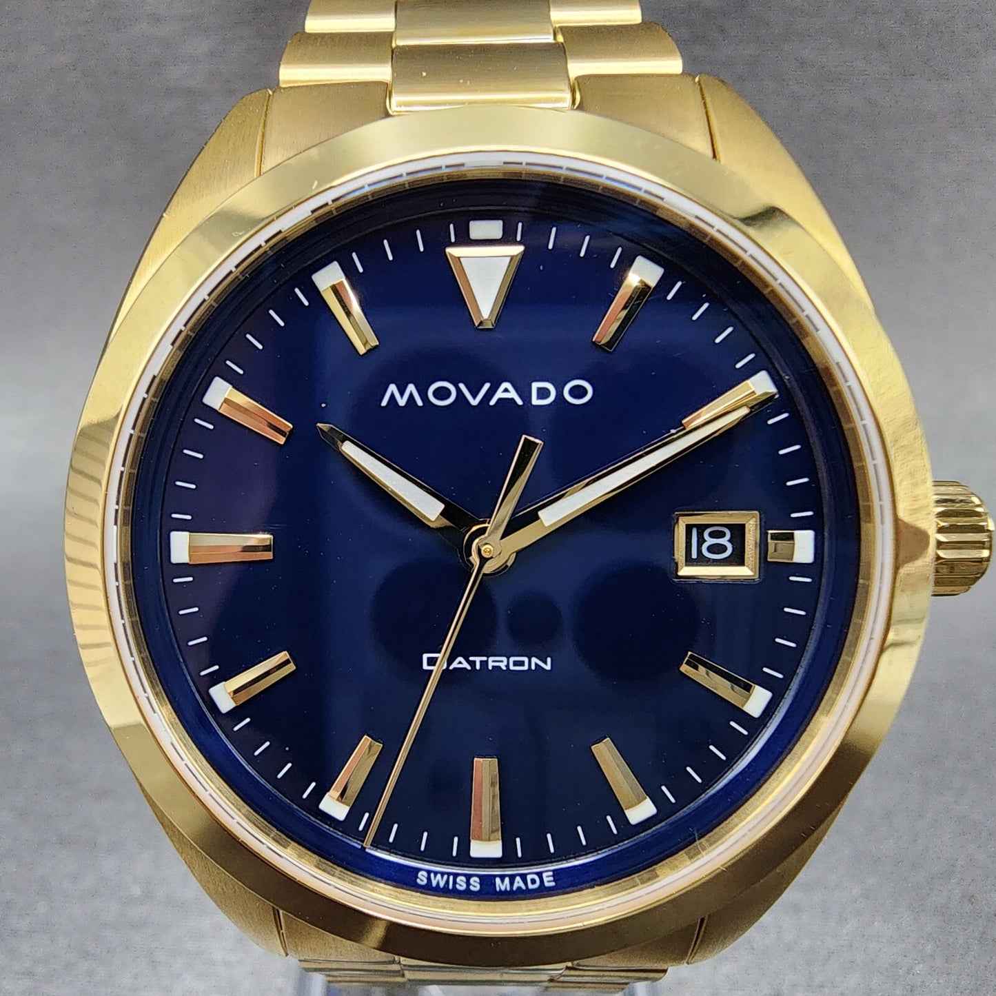 Movado Heritage Datron Watch Men 39mm Blue Dial Gold Tone Date Round 36501431