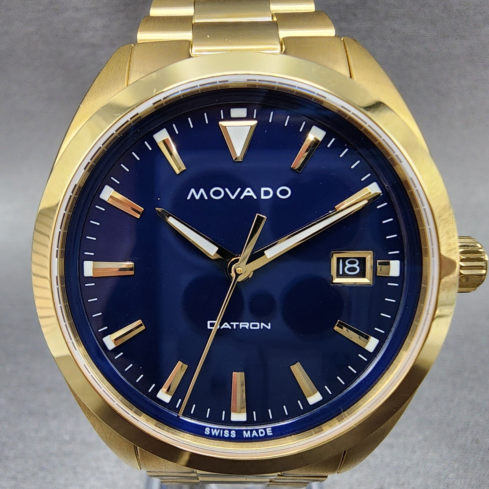 Movado Heritage Datron Watch Men 39mm Blue Dial Gold Tone Date Round 36501431