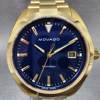 Movado Heritage Datron Watch Men 39mm Blue Dial Gold Tone Date Round 36501431