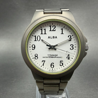 Seiko Alba Watch Men 35mm White Dial Titanium Round V501-0DN0 New Battery VTG VT0