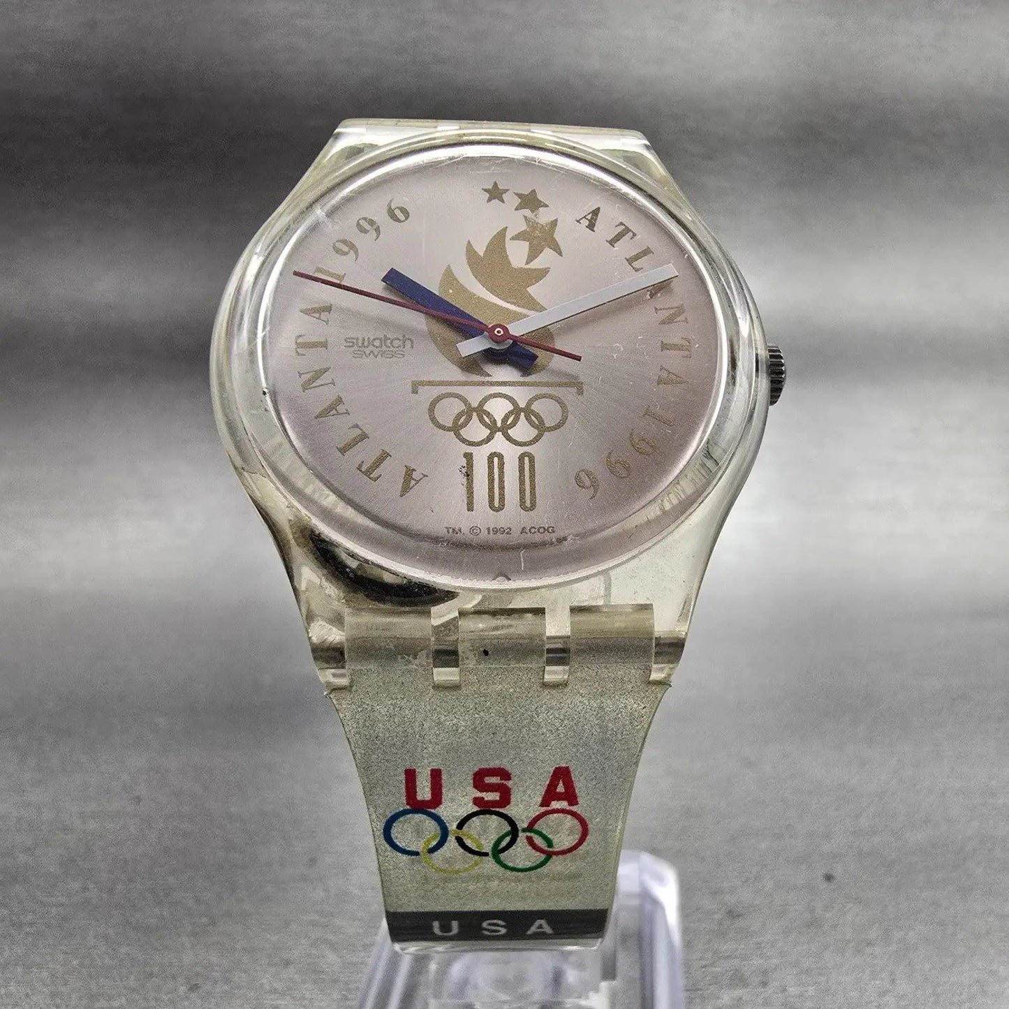 Swatch OLYMPIC TEAM Watch Men Silver Dial Clear Case Round GZ150 New Battery5