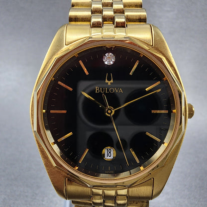 Bulova Watch Men 35mm Black Dial Gold Tone Date 92N99 New Battery1