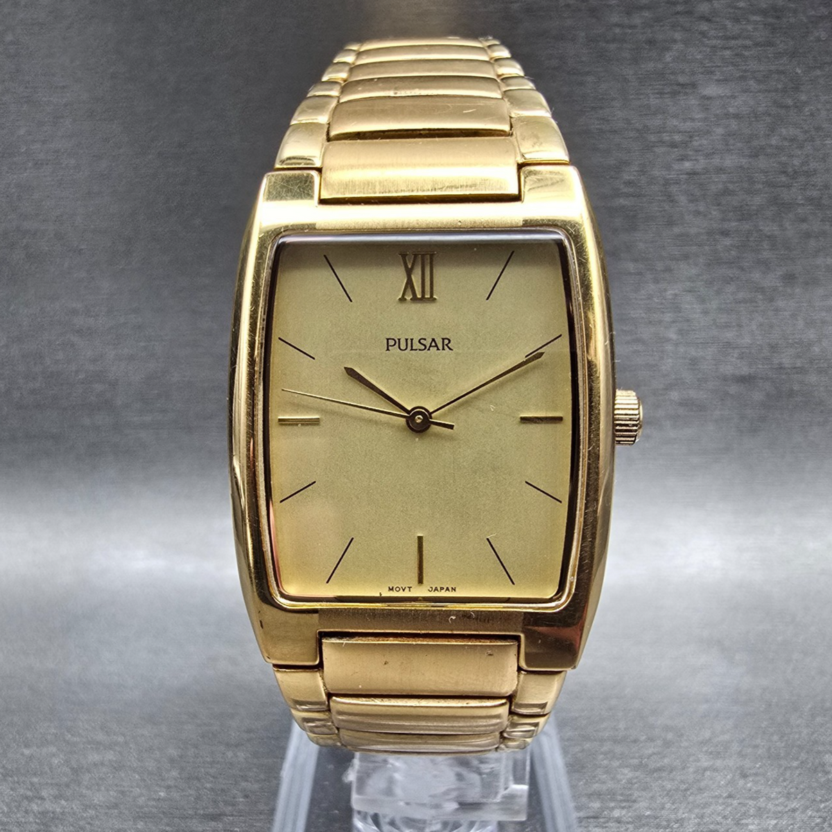 Seiko Pulsar Watch Men 28mm Gold Dial Gold Tone Rectangle V501-X106 New Battery0