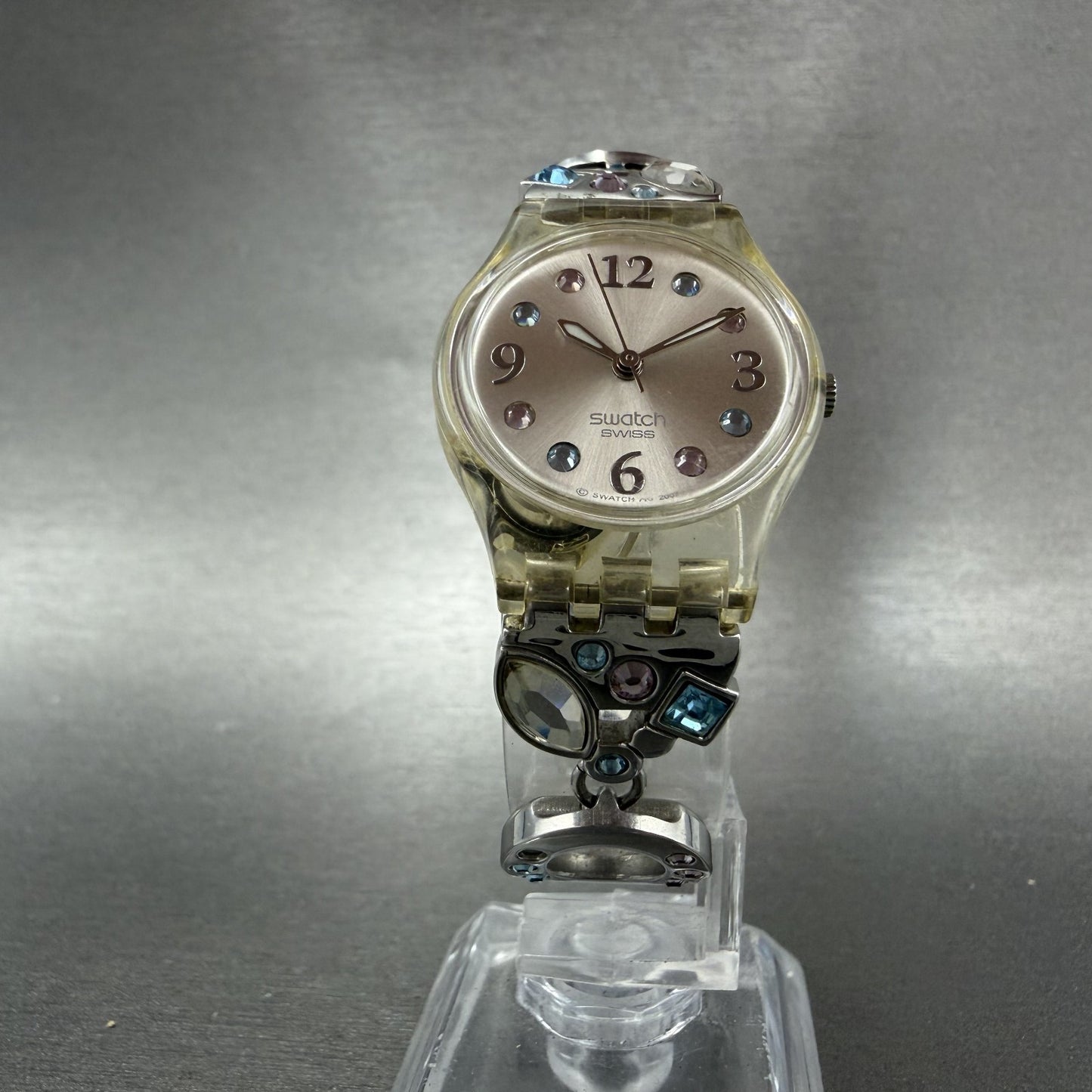 Swatch Menthol Tone Watch Women 25mm Silver Dial Clear Case Quartz LK292G NewBat5