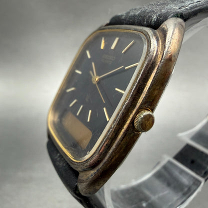 Seiko Analog Digital Watch Men 29mm Black Dial Gold Tone Rectangle H449 New BatW2