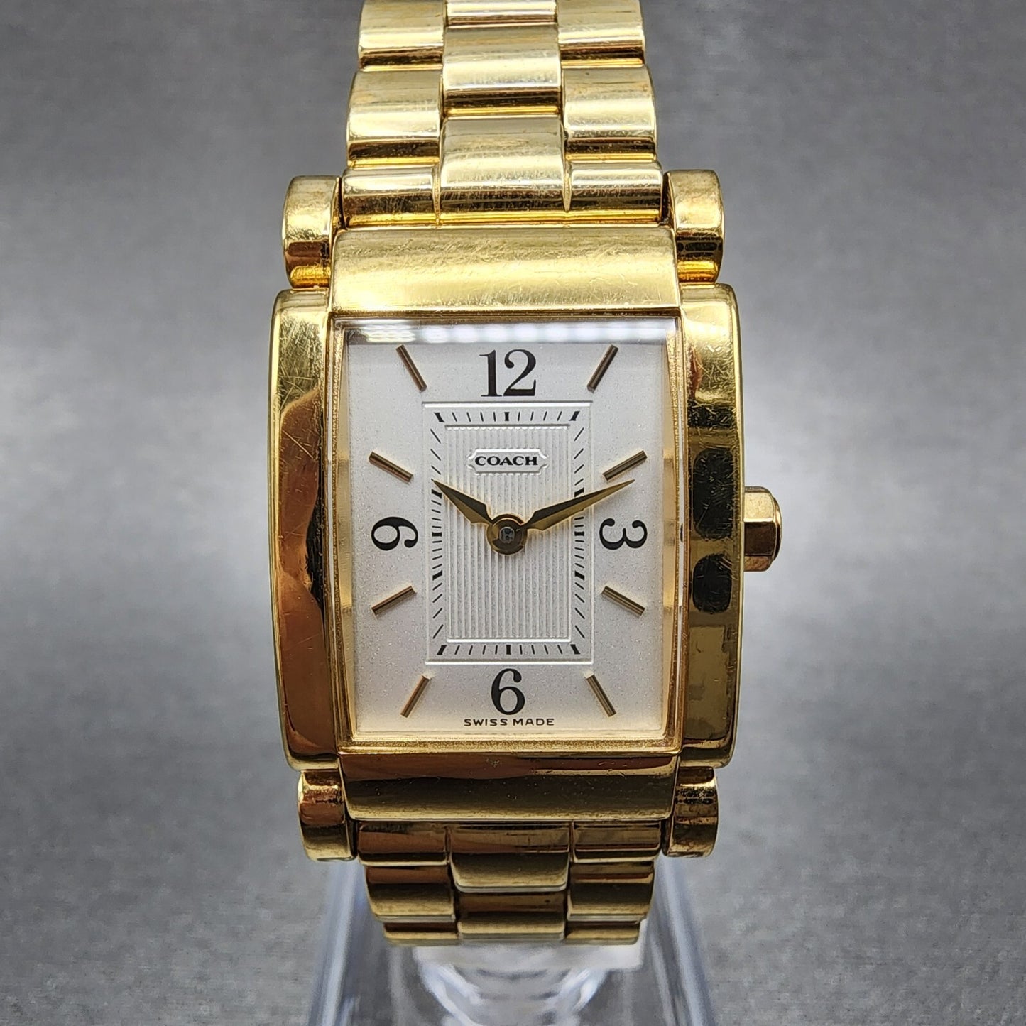 Coach Tank Watch Women 20mm White Dial Gold Tone Rectangle W015 New Battery0
