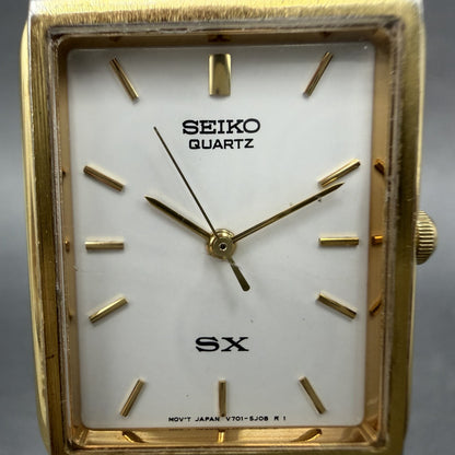 Seiko SX Tank Watch Men 24mm White Dial Gold Tone Rectangle V701-5K40 NewBattery1