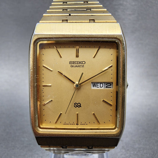 Seiko SQ Tank Watch Men 28mm Champagne Dial Gold Tone Daydate 5h23-5a00 New Batt