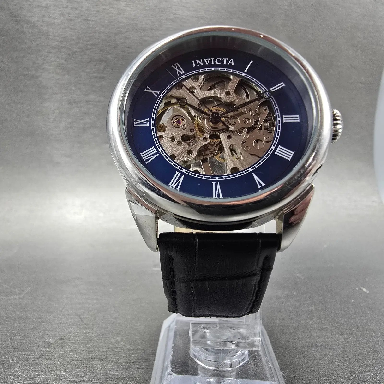 Invicta Specialty Skeleton Watch Men 42mm Blue Dial Silver Tone Manual Wind Runs5