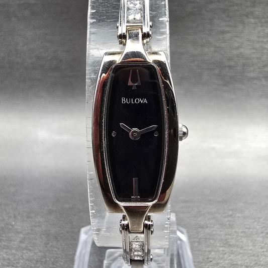 Bulova Watch Women 14mm Black Dial Silver Tone Rectangle 96T15 New Battery JP450