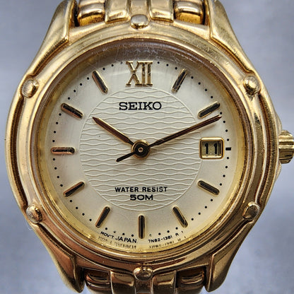 Seiko Watch Women 26mm Champagne Dial Gold Tone Date Round 7n820599 New Battery1