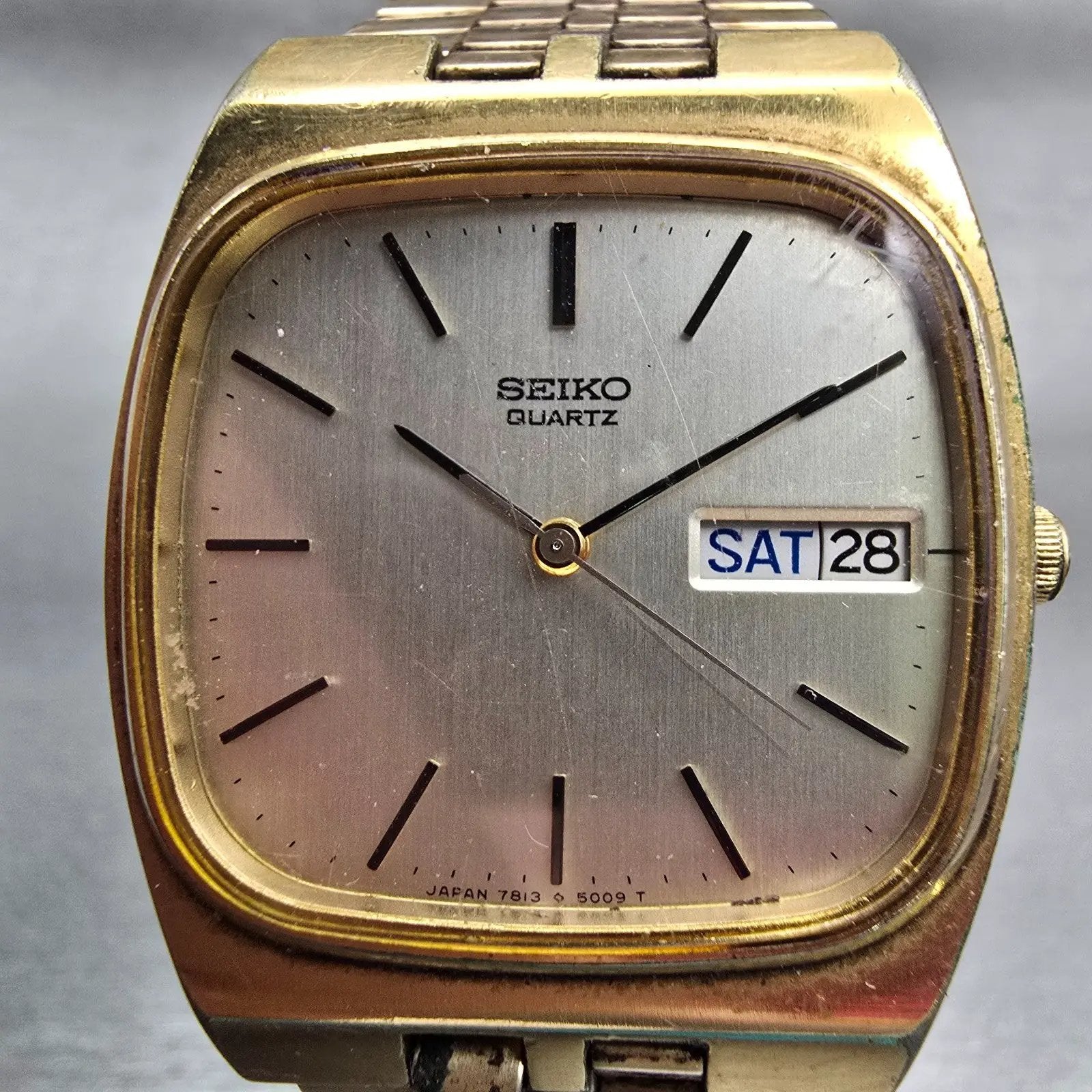 Seiko Watch Men 32mm Silver Dial Gold Tone Daydate 7813-5009 New Battery Vintage1