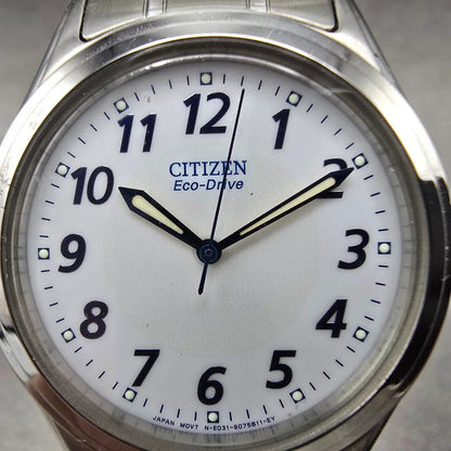 Citizen Eco-Drive Watch Men 36mm White Dial Silver Date E031-S048419 Round Runs1